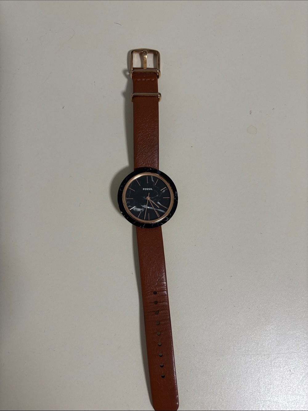 Fossil Brown Leather Strap Watch with Black Stone Dial and Gold Accents